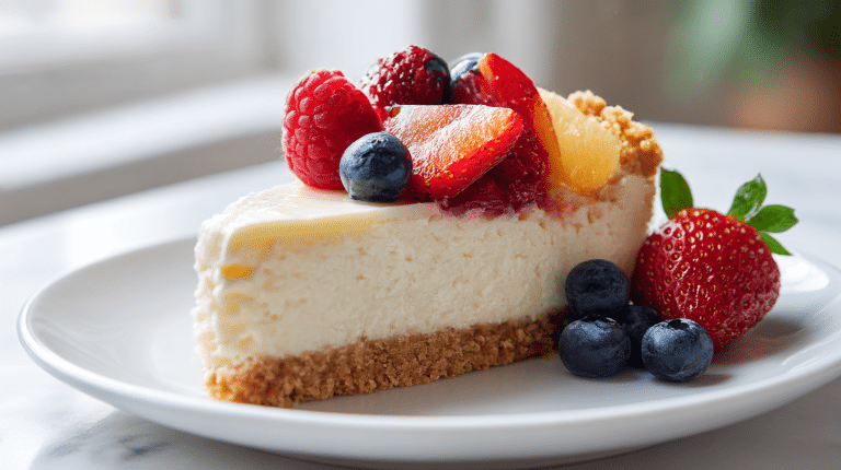 Veganer Käsekuchen auf einem rustikalen Holzbrett mit frischen Beeren und einer cremigen Oberfläche