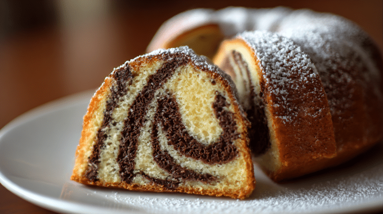 Veganer Marmorkuchen auf einem rustikalen Holztisch mit schöner Marmormusterung und Zuckerglasur