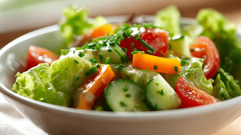 Veganer Salat auf einem schönen Teller mit frischem Gemüse und einer leichten Vinaigrette