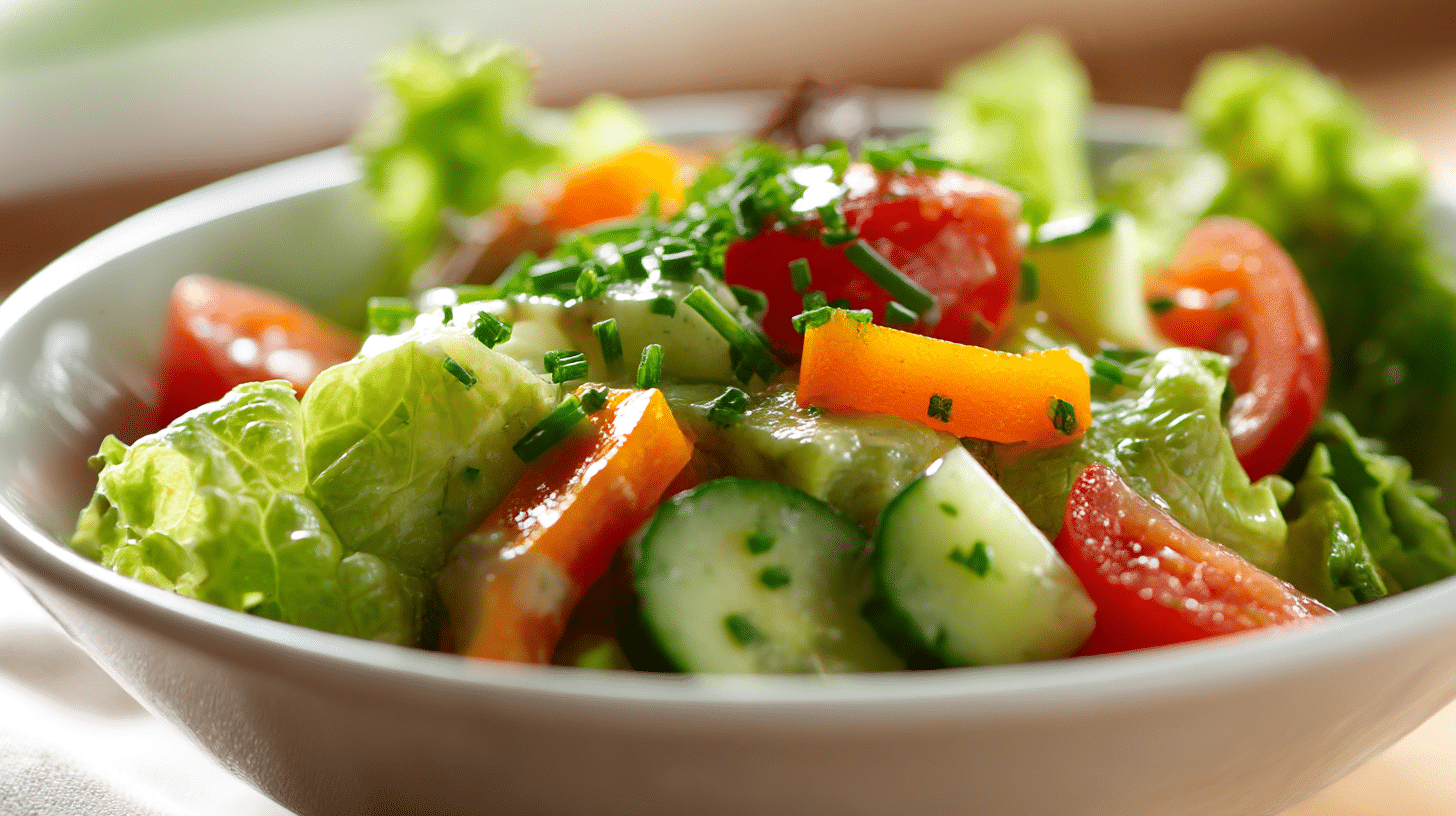 Veganer Salat auf einem schönen Teller mit frischem Gemüse und einer leichten Vinaigrette