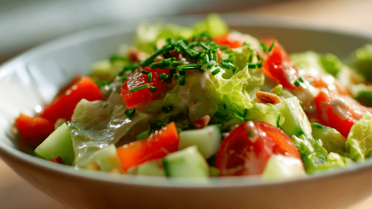 Detailaufnahme von knackigem Gemüse in einem veganen Salat, angereichert mit frischen Kräutern