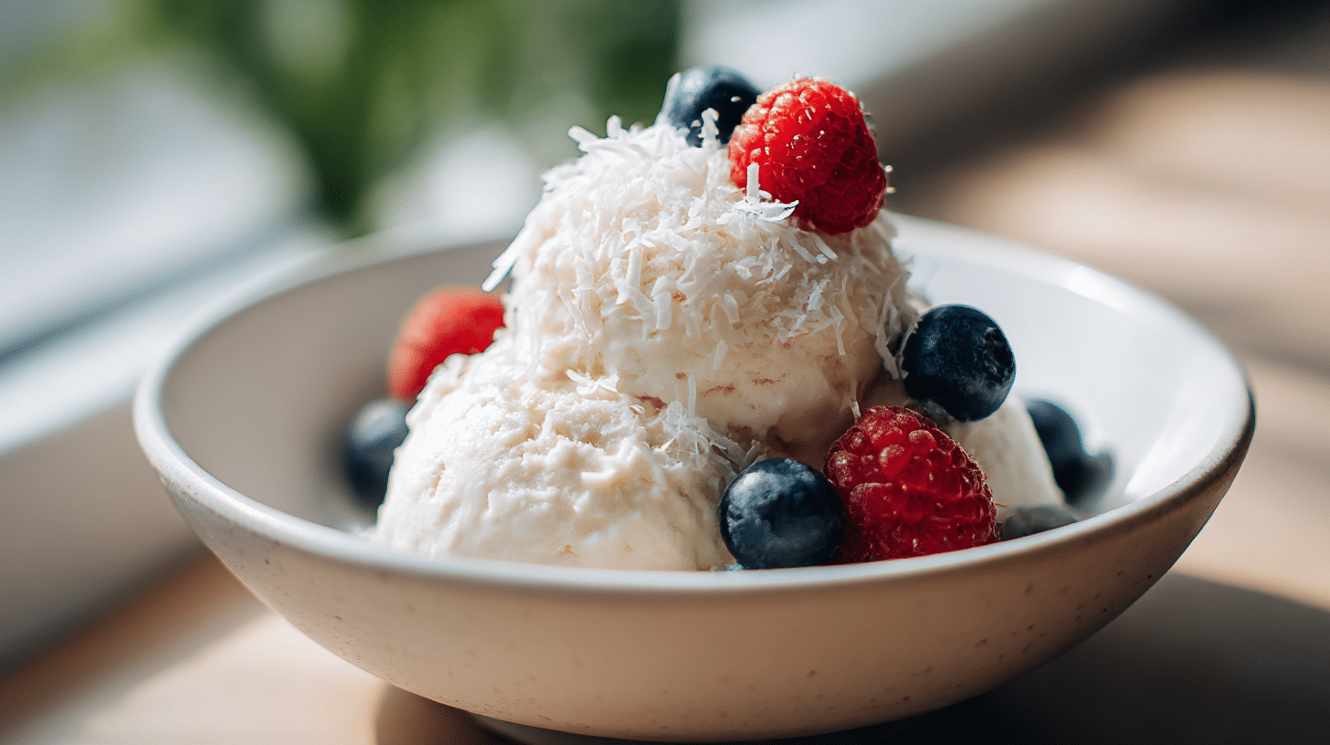Detailaufnahme von veganem Eis mit cremiger Konsistenz und fruchtiger Garnierung auf einem Holzbrett