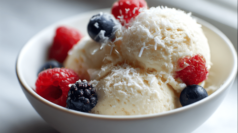 Veganes Eis in einer Waffel, garniert mit bunten Früchten und Nüssen - ein traditionelles, pflanzliches Dessert