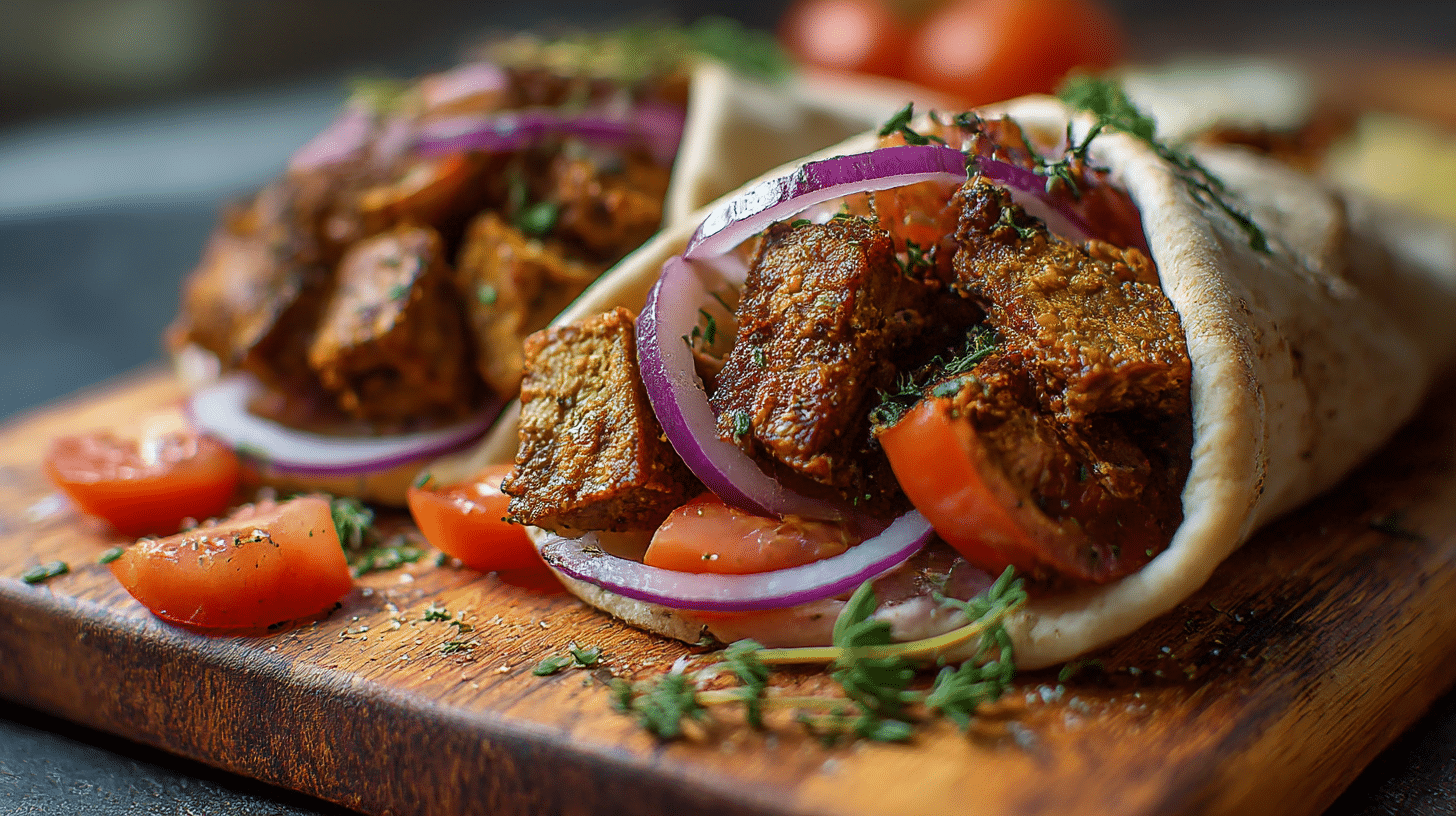 Nahaufnahme von veganem Gyros mit zarten Stückchen und aromatischen Gewürzen auf einem Holzbrett