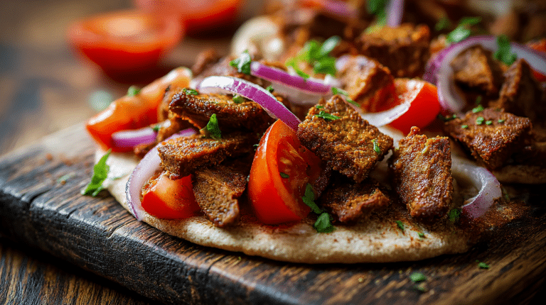 Veganes Gyros auf einem Teller, serviert mit frischem Salat und knusprigen Pommes