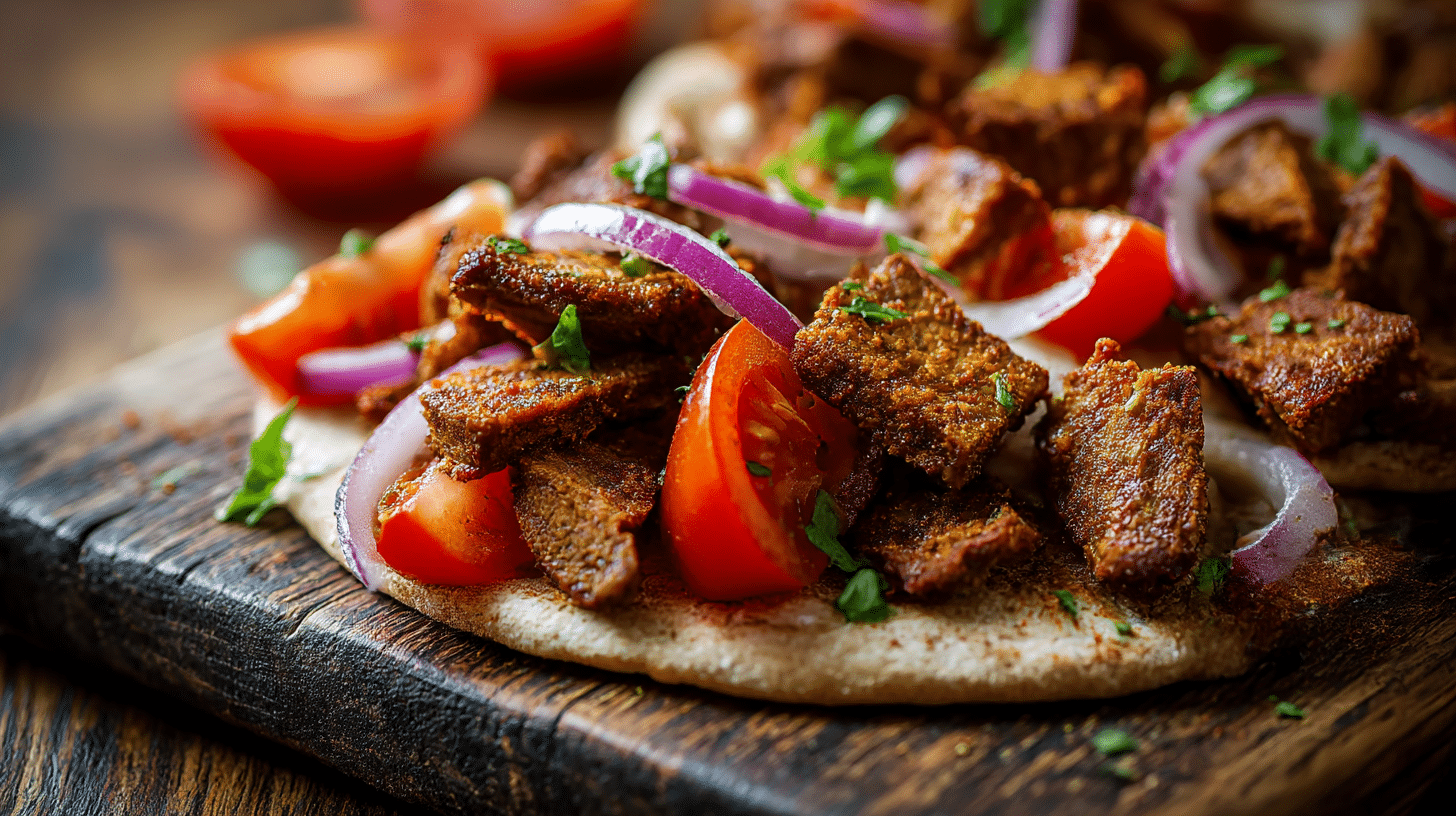 Veganes Gyros Rezepte 1 Veganes Gyros auf einem Teller, serviert mit frischem Salat und knusprigen Pommes