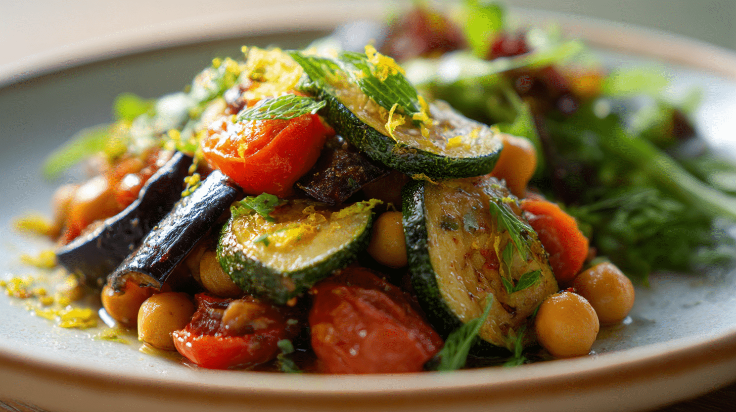 Nahaufnahme von frisch gebratenem Gemüse in der veganen Sommerpfanne mit leuchtenden Farben